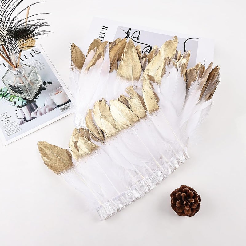 MAOFENG 2 Yards Natural Goose Feathers Trim Sewing Fringe Fashion Dress Sewing 6-8inch for DIY Handicrafts Costumes Decoration,White Golden - Image 5